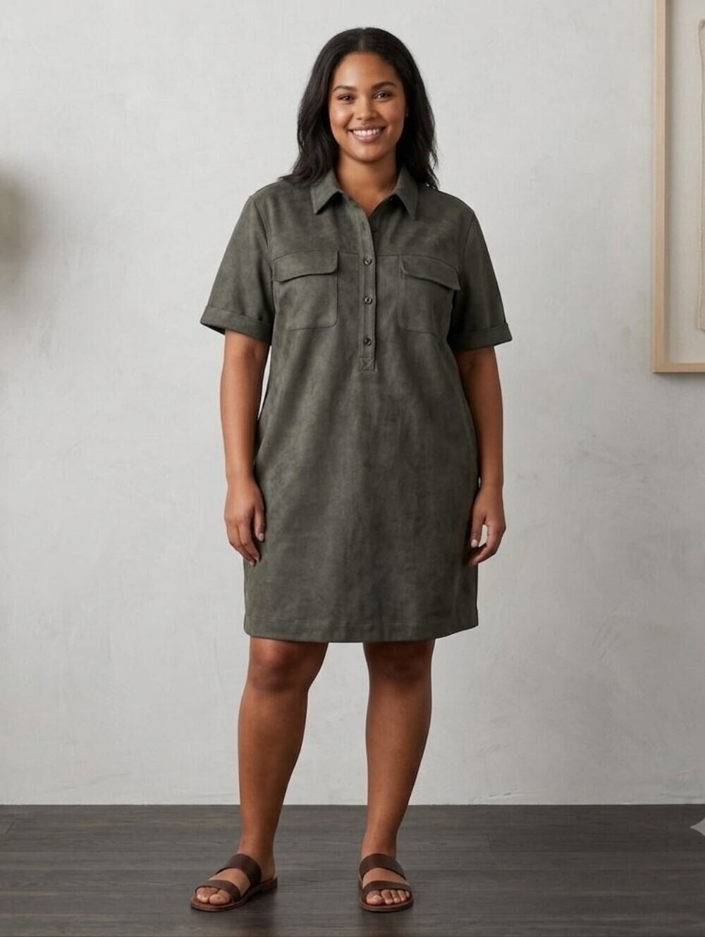 Banana Republic Suede Green Olive  Dress Size Xl Front Pockets Short Sleeve Butt